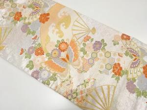 扇に蝶・花・古典柄織り出し　袋帯